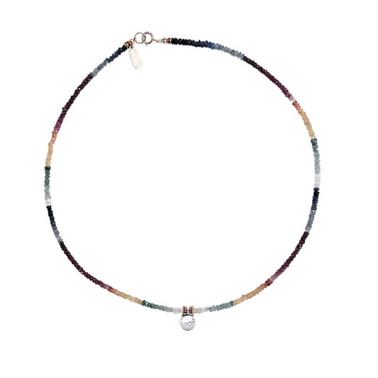 Rainbow collection: precious blue & yellow sapphire, ruby, emerald necklace with rainbow globe