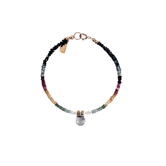 Rainbow collection: precious blue & yellow sapphire, ruby, emerald bracelet with rainbow globe