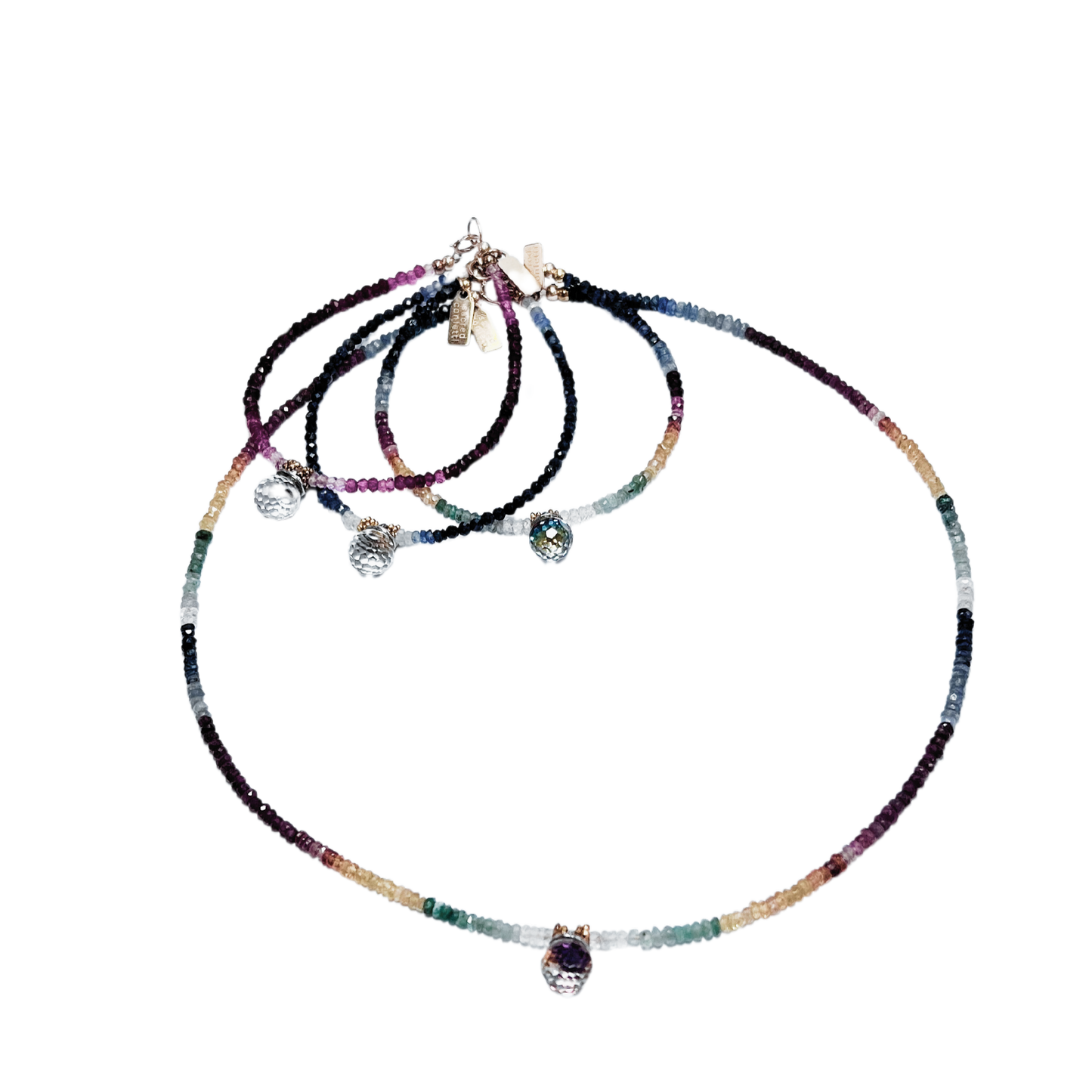 Rainbow collection: precious blue & yellow sapphire, ruby, emerald necklace with rainbow globe