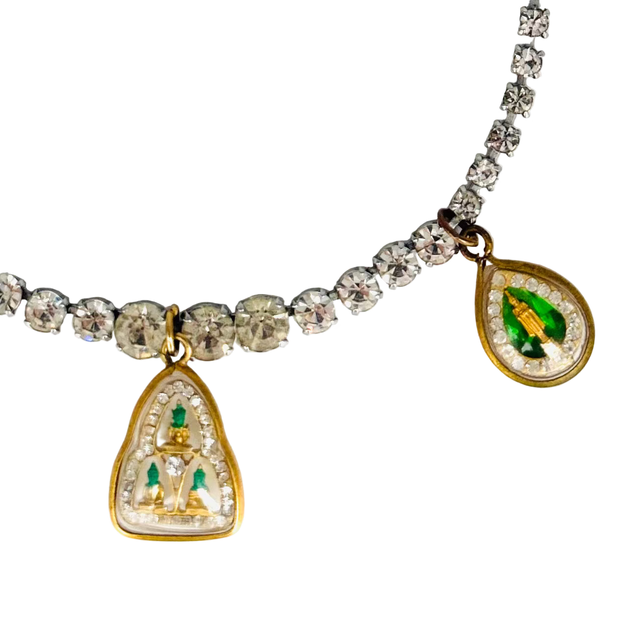 Vintage Diamanté Necklace with Green Buddha Talismans