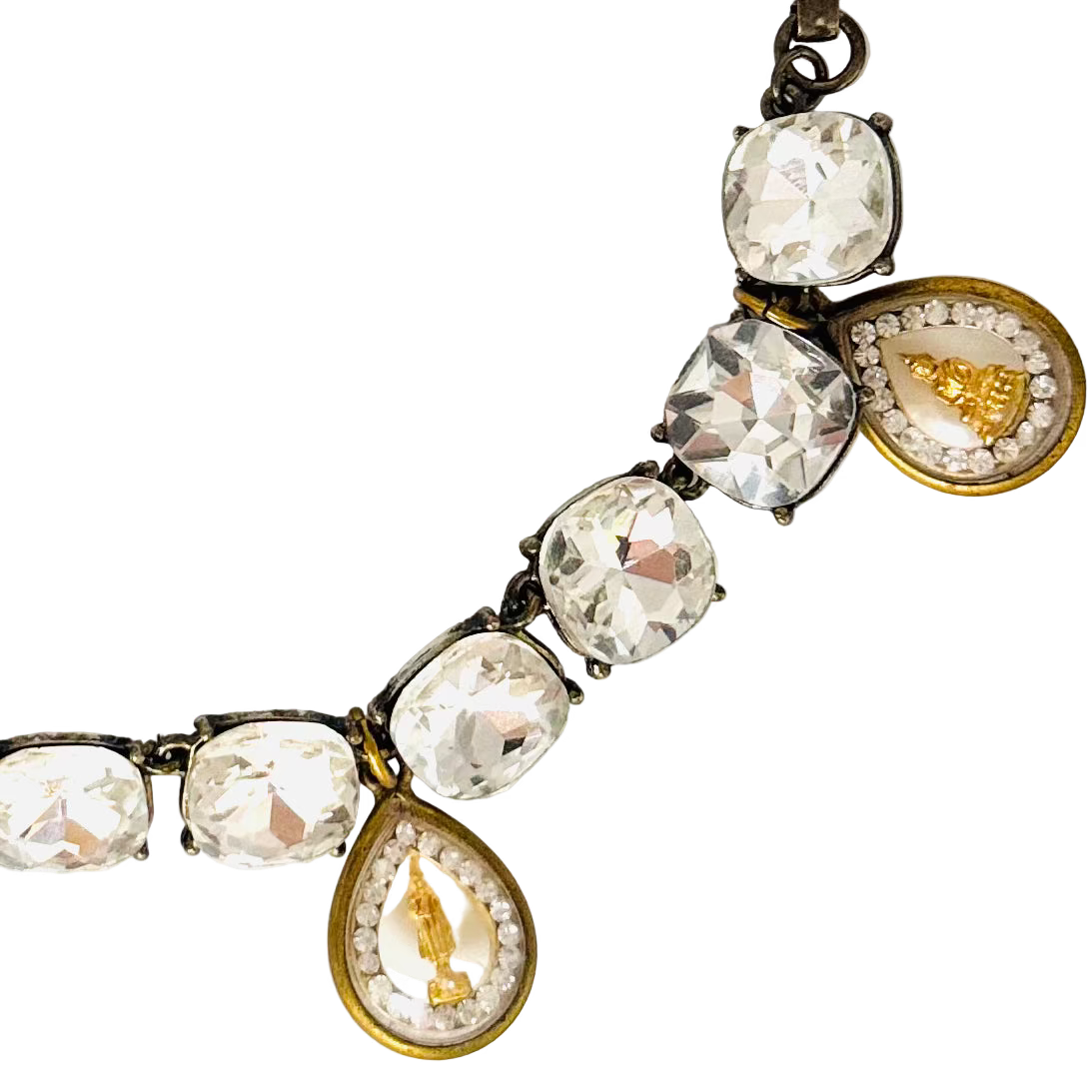 Vintage Large-Stone Diamanté Necklace with Four Gold Buddha Talismans