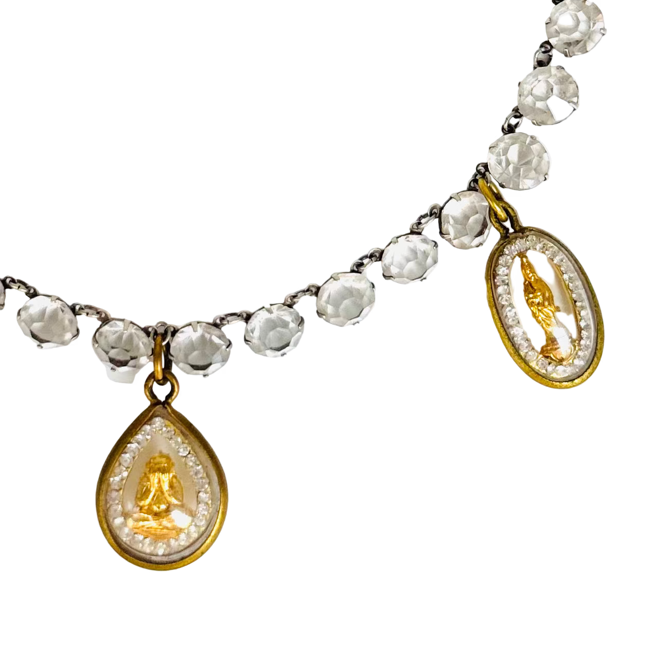 Antique Art Deco Clear-Back Rivière Necklace with Five Gold Buddha Talismans