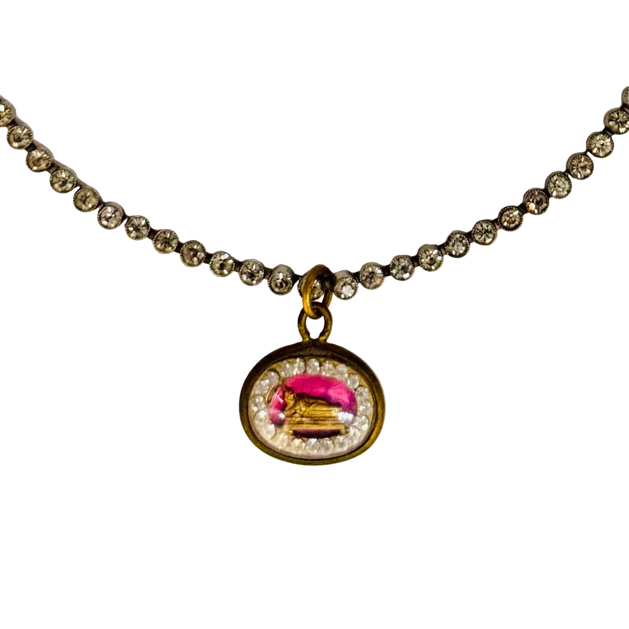 Vintage 1960s Diamanté Small Round-Set Necklace with Reclining Buddha Talisman