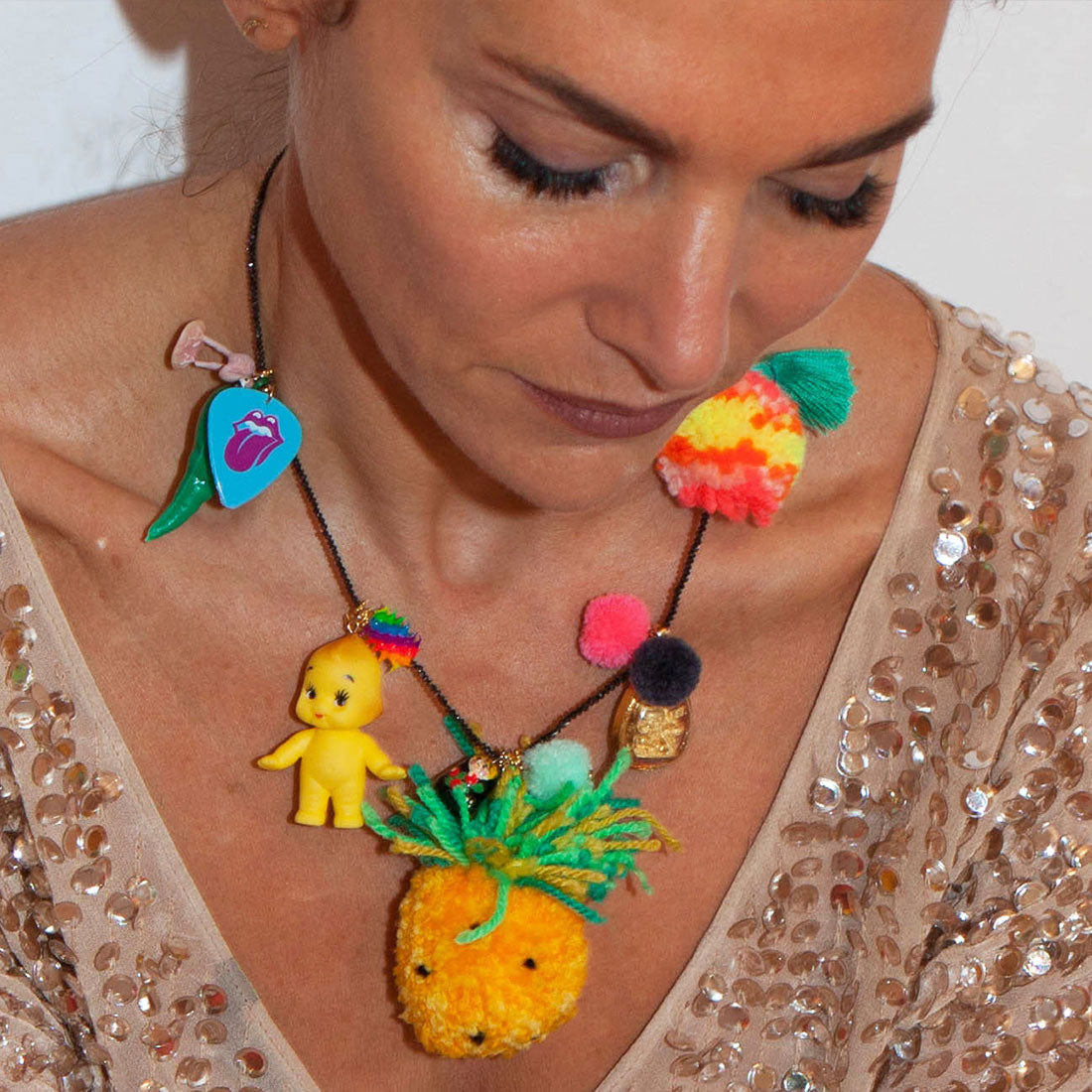 black diamond confetti necklace - pineapple pompom
