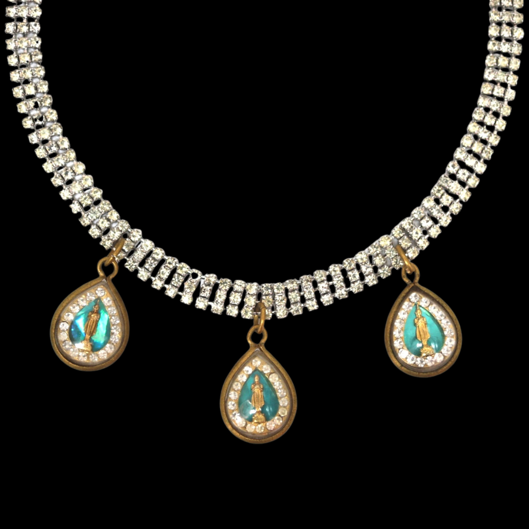 1960s Triple-Row Diamanté Necklace with Blue Buddha Talismans