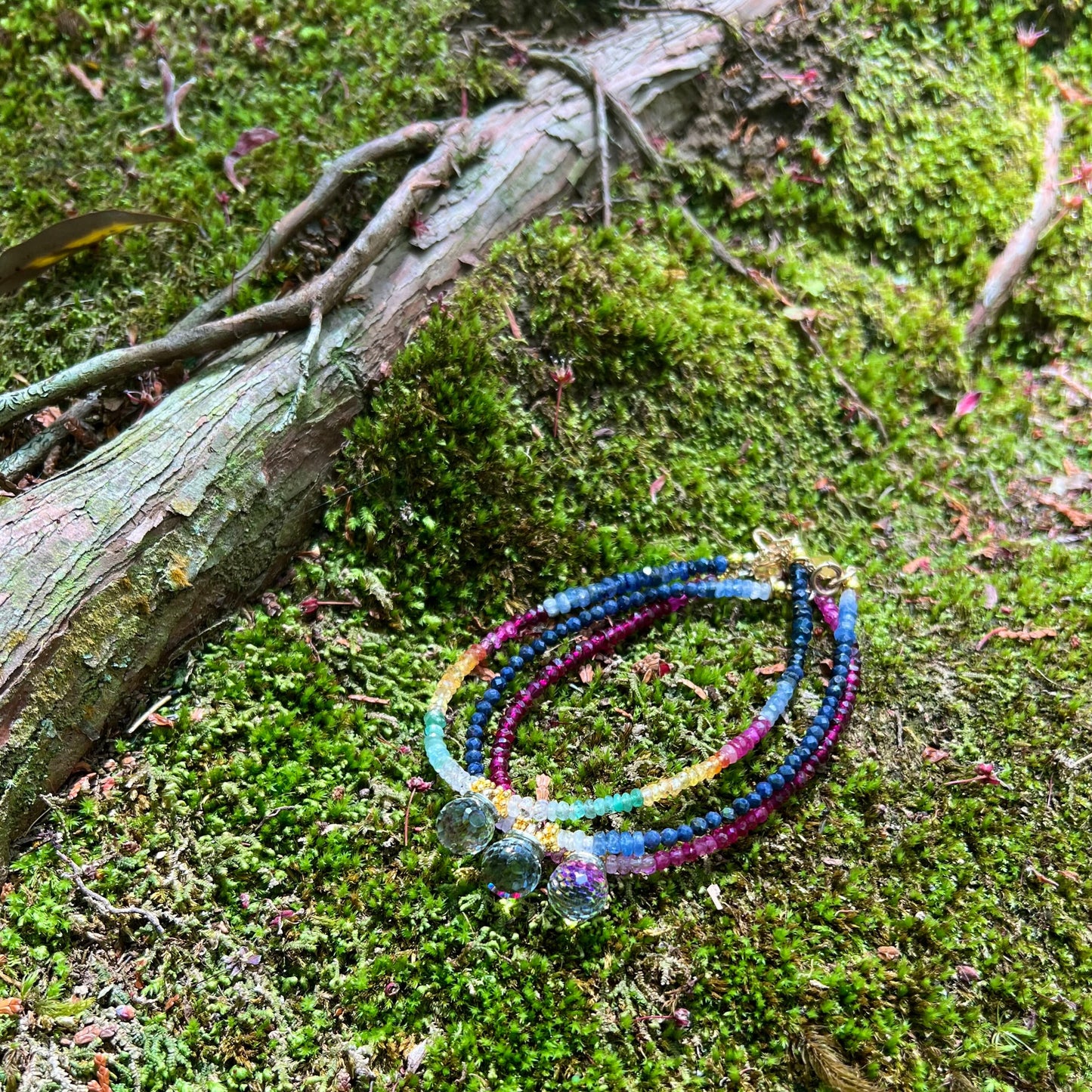 Rainbow collection: precious blue & yellow sapphire, ruby, emerald bracelet with rainbow globe