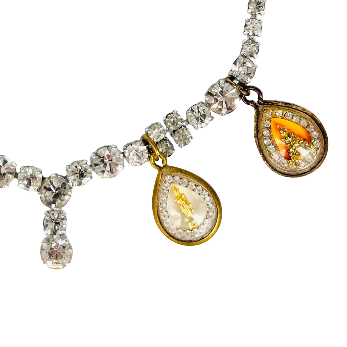 Vintage Diamanté Pear Drop Necklace with Four Buddha Talismans