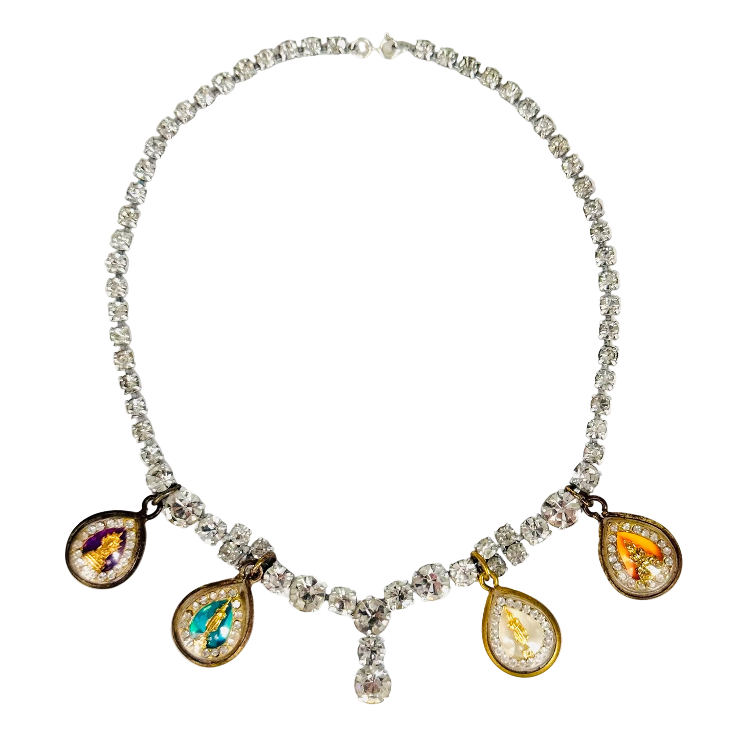 Vintage Diamanté Pear Drop Necklace with Four Buddha Talismans