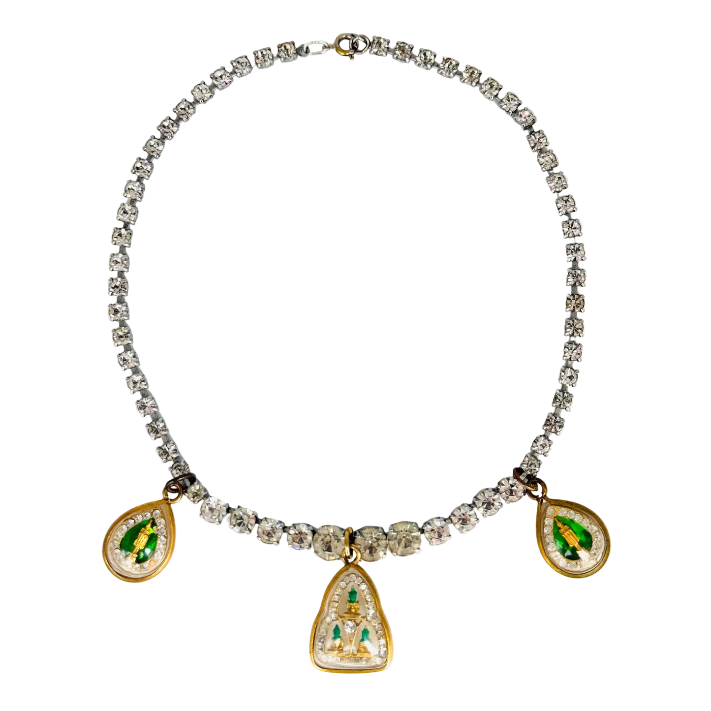Vintage Diamanté Necklace with Green Buddha Talismans
