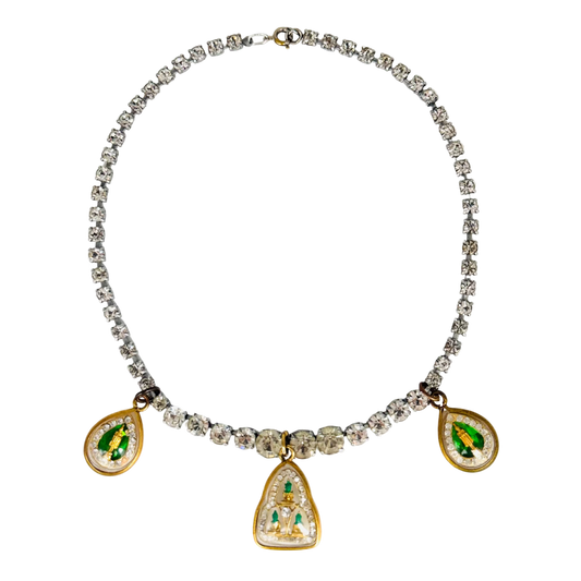 Vintage Diamanté Necklace with Green Buddha Talismans