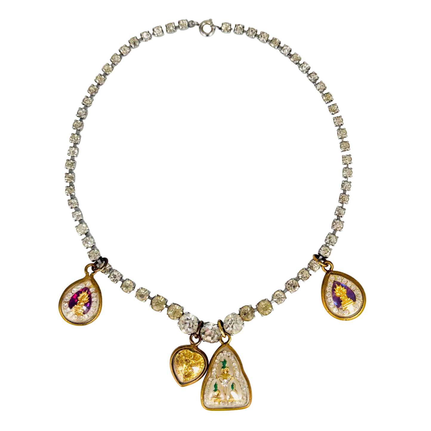Vintage Diamanté necklace with Buddhas and Heart Talismans