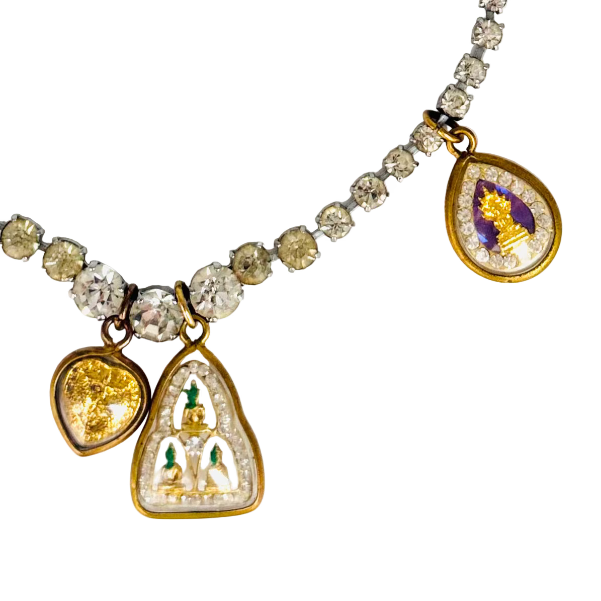 Vintage Diamanté necklace with Buddhas and Heart Talismans