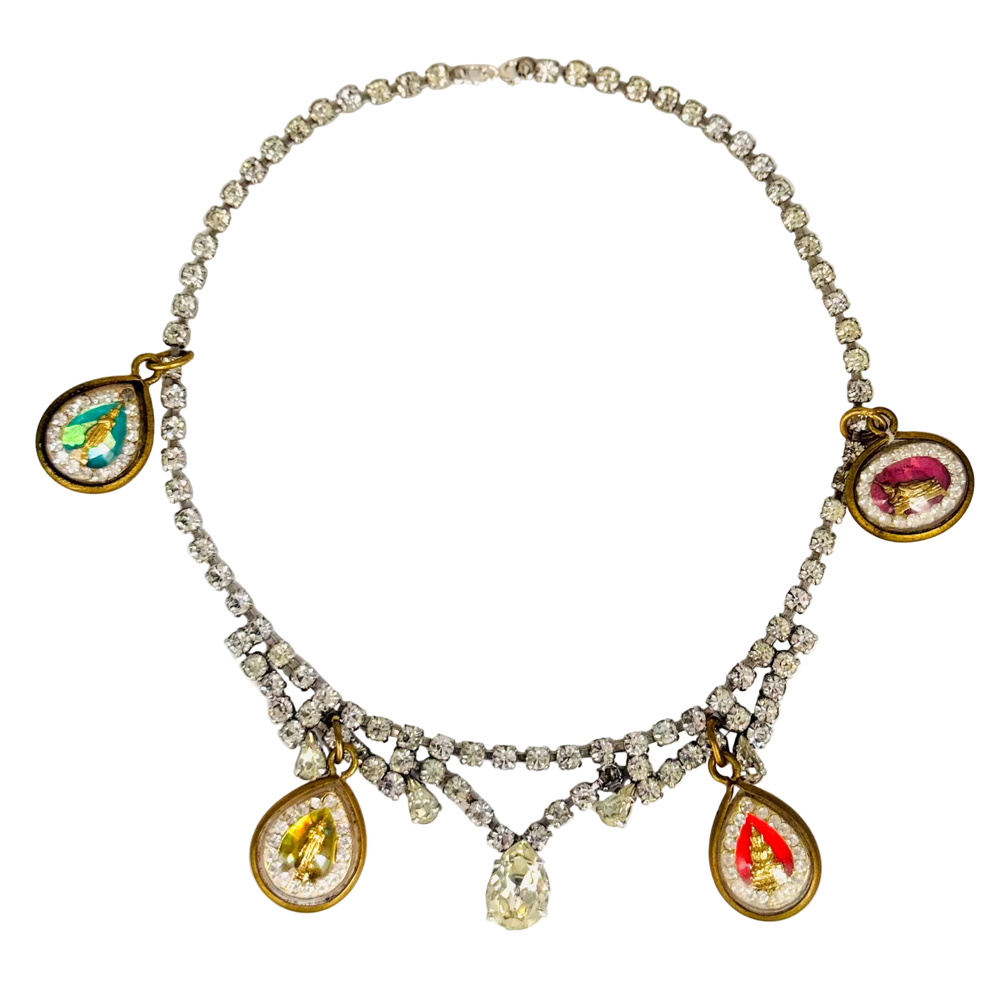 Vintage Diamanté Drop Necklace with Four Buddha Talismans