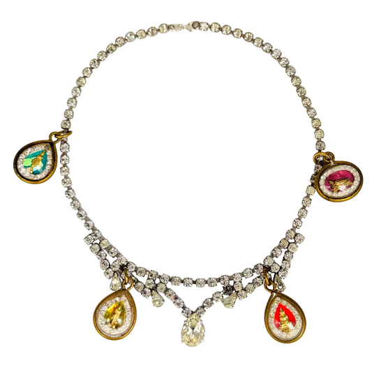 Vintage Diamanté Drop Necklace with Four Buddha Talismans