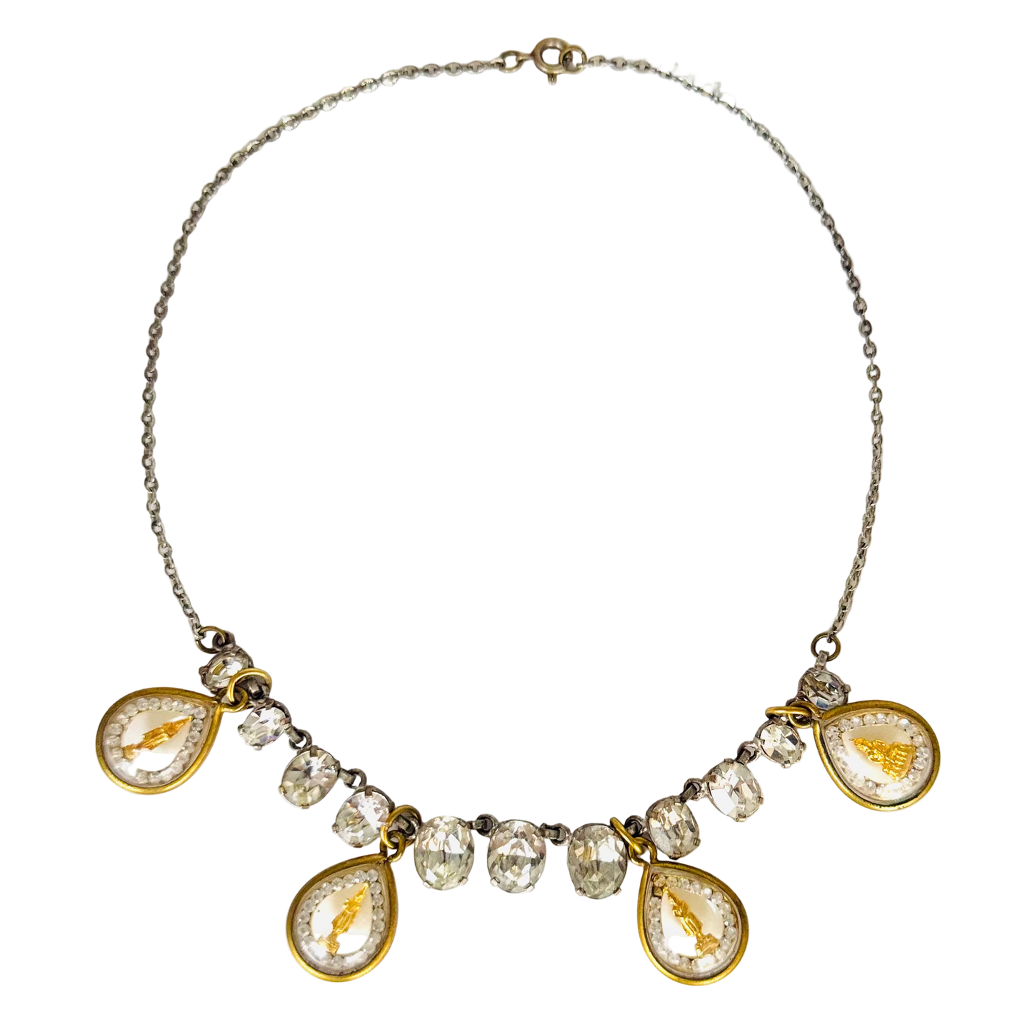 Vintage Oval Diamanté Necklace with Four Gold Buddha Talismans