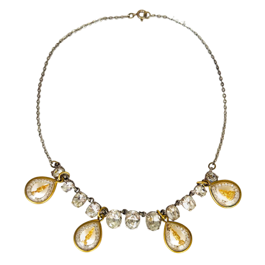 Vintage Oval Diamanté Necklace with Four Gold Buddha Talismans