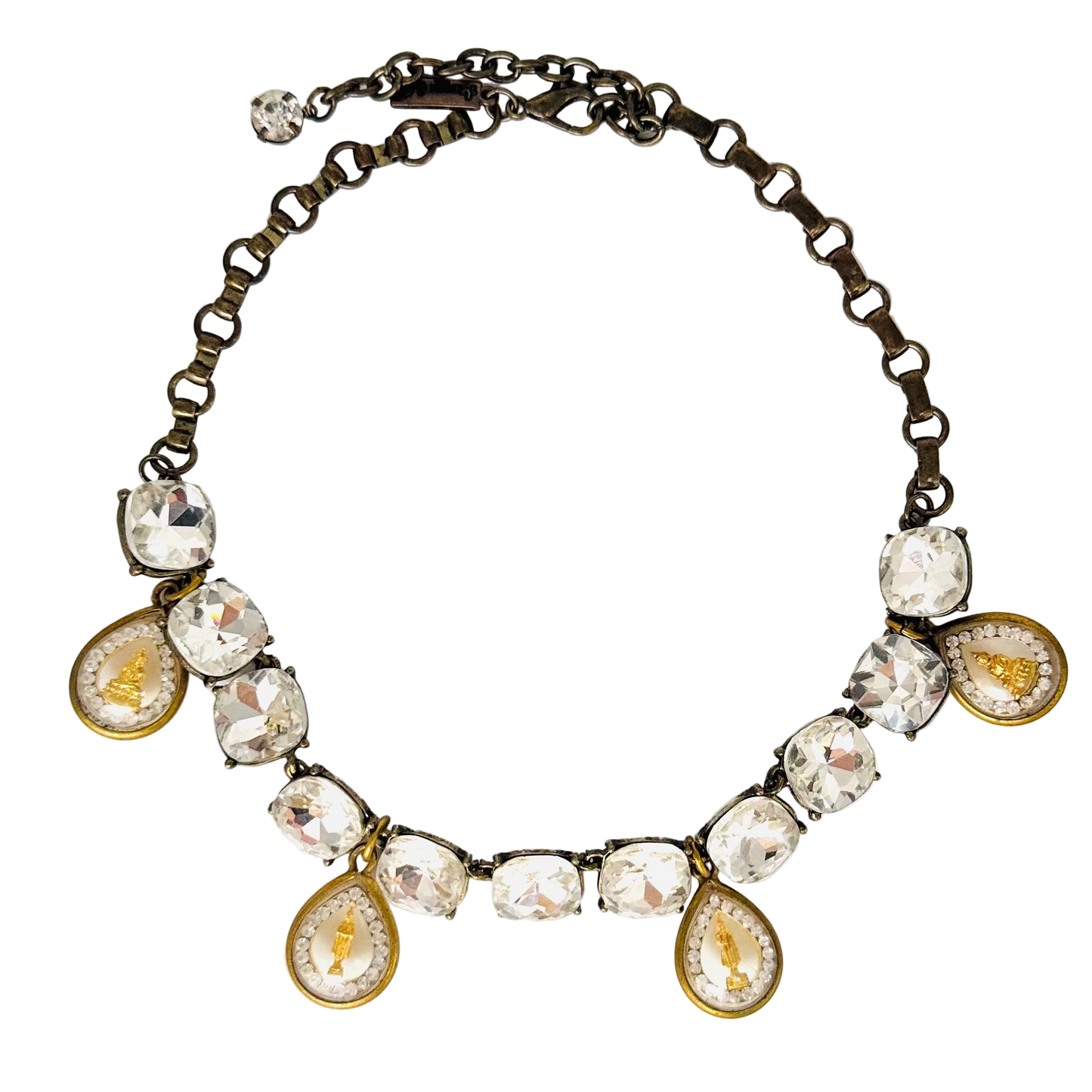 Vintage Large-Stone Diamanté Necklace with Four Gold Buddha Talismans