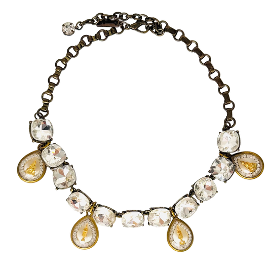 Vintage Large-Stone Diamanté Necklace with Four Gold Buddha Talismans