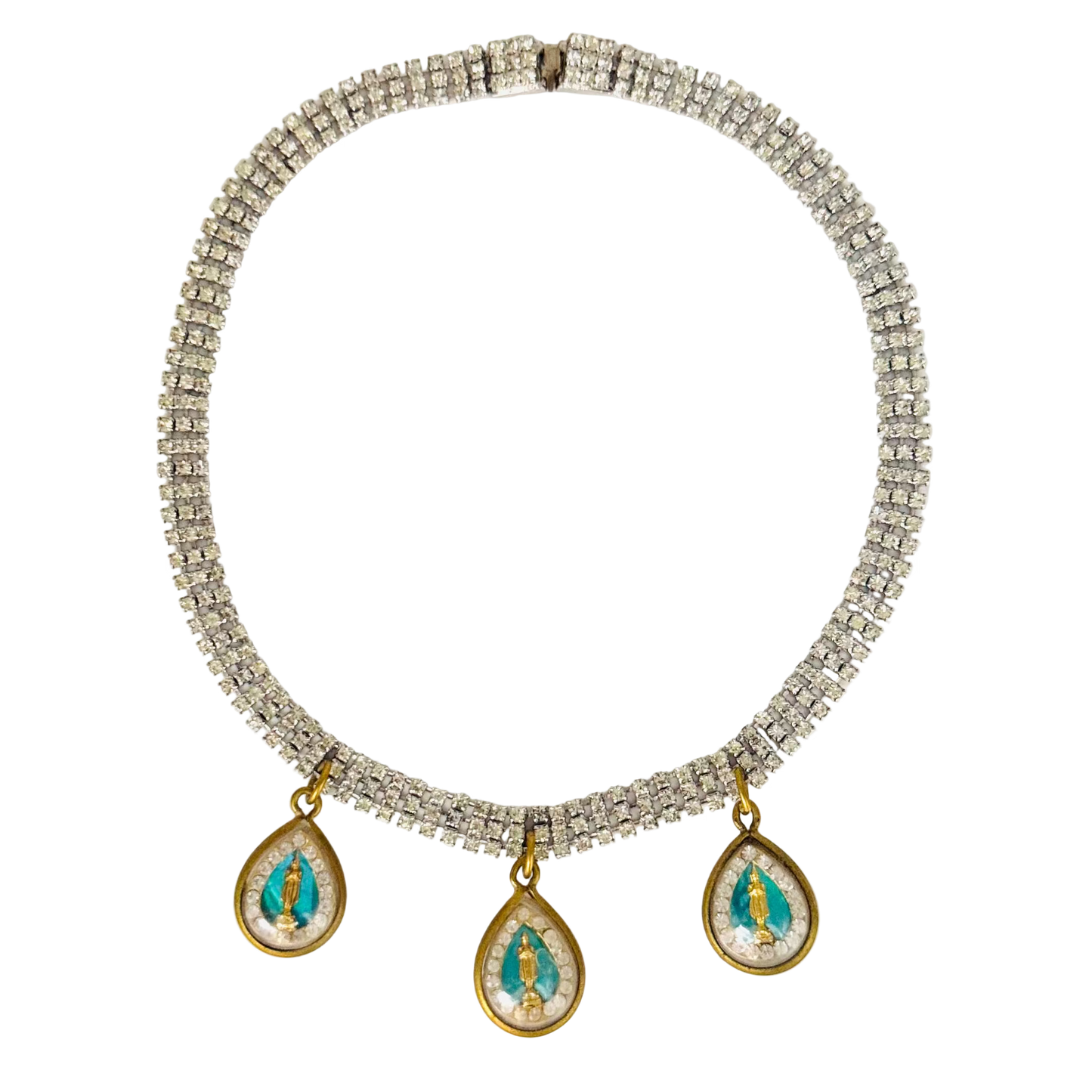 1960s Triple-Row Diamanté Necklace with Blue Buddha Talismans