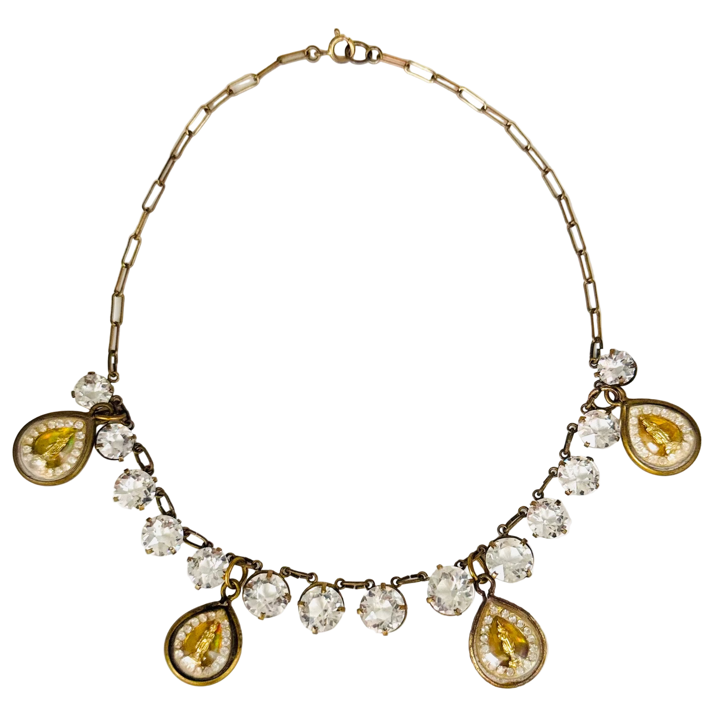 Vintage medium Round-Stone Diamanté Necklace with Gold Buddha Talismans