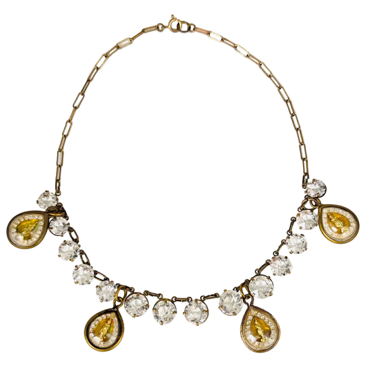 Vintage medium Round-Stone Diamanté Necklace with Gold Buddha Talismans