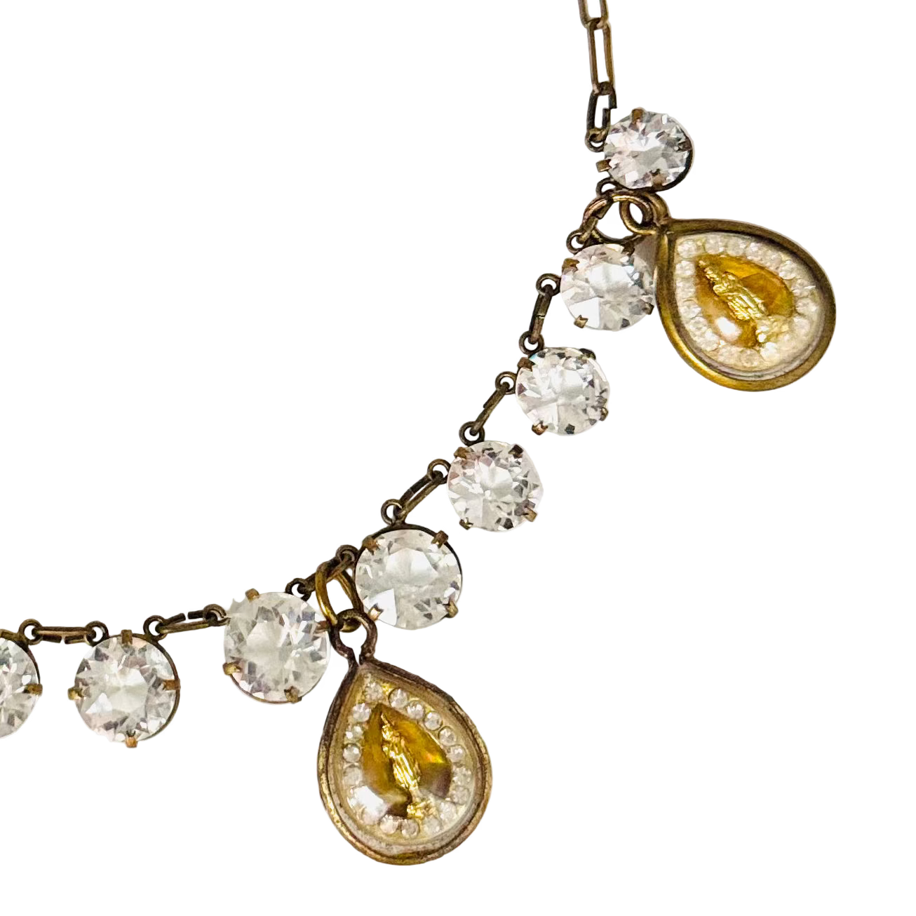Vintage medium Round-Stone Diamanté Necklace with Gold Buddha Talismans