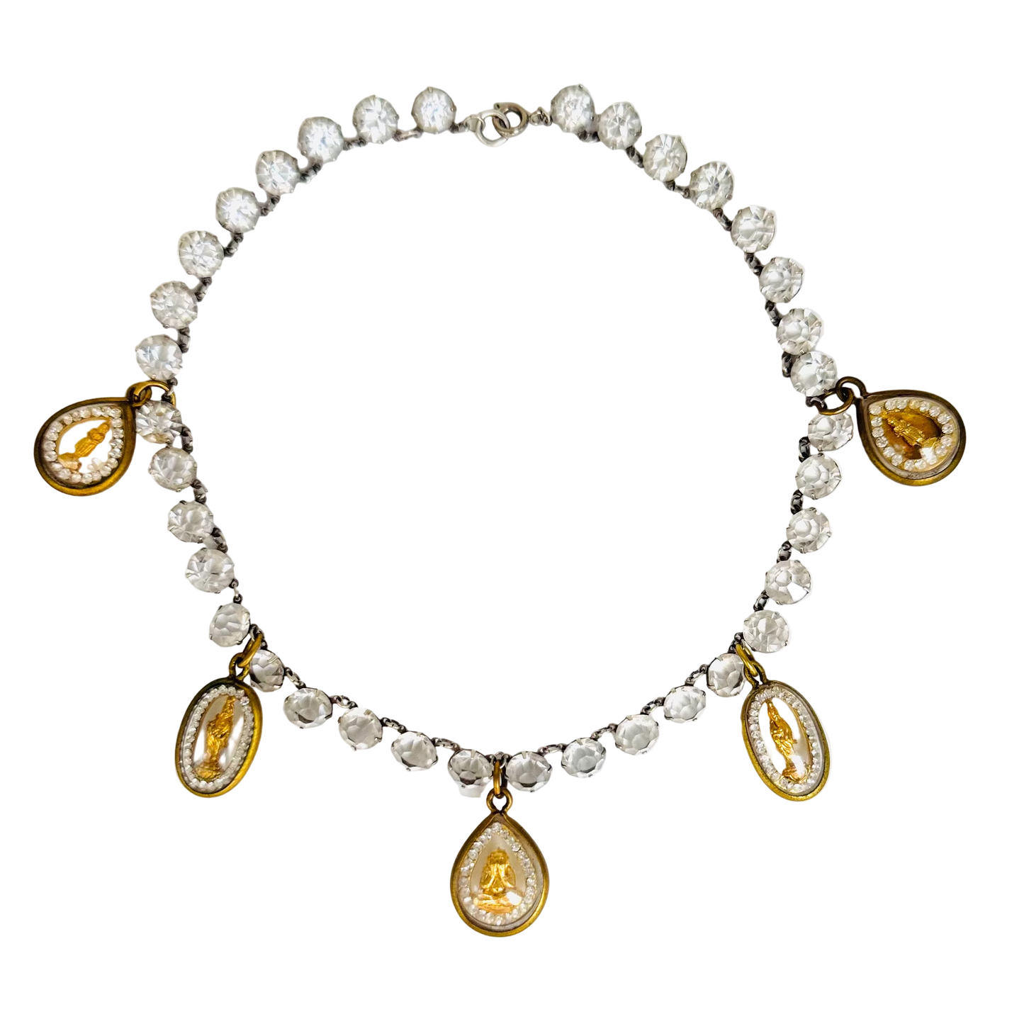 Antique Art Deco Clear-Back Rivière Necklace with Five Gold Buddha Talismans