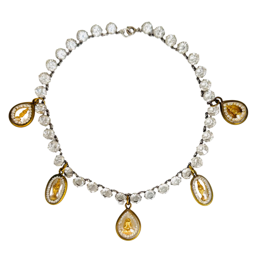 Antique Art Deco Clear-Back Rivière Necklace with Five Gold Buddha Talismans