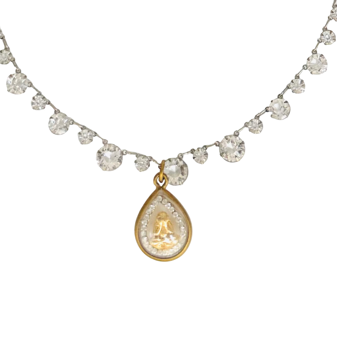 Antique Clear-Back Diamanté Necklace with Gold Buddha Talisman