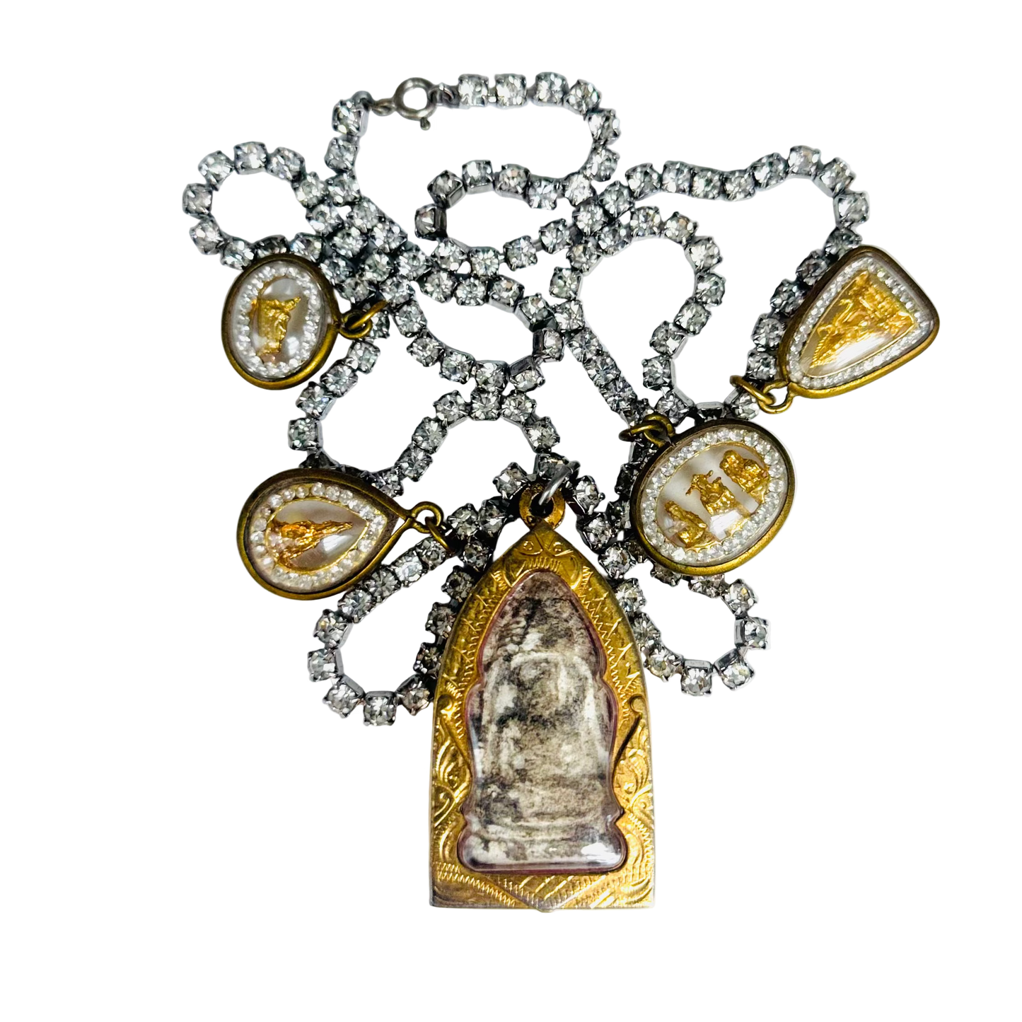 Vintage Long Diamanté Necklace with Large and Small Buddha Talisman