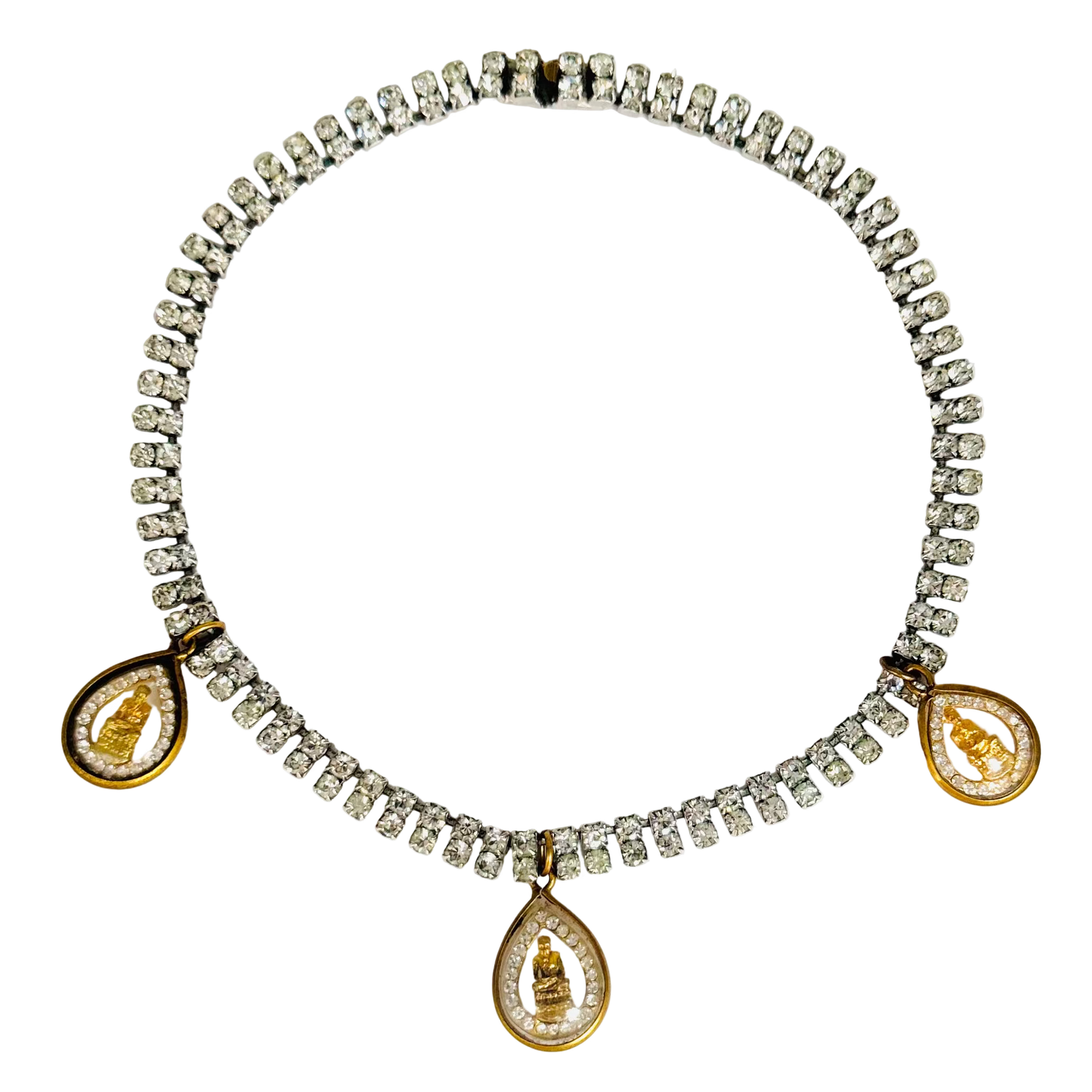 vintage double row diamanté necklace with three gold Buddha Talismans