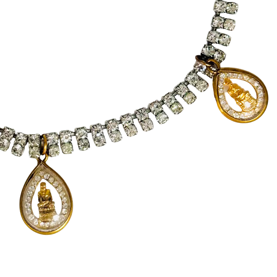 vintage double row diamanté necklace with three gold Buddha Talismans