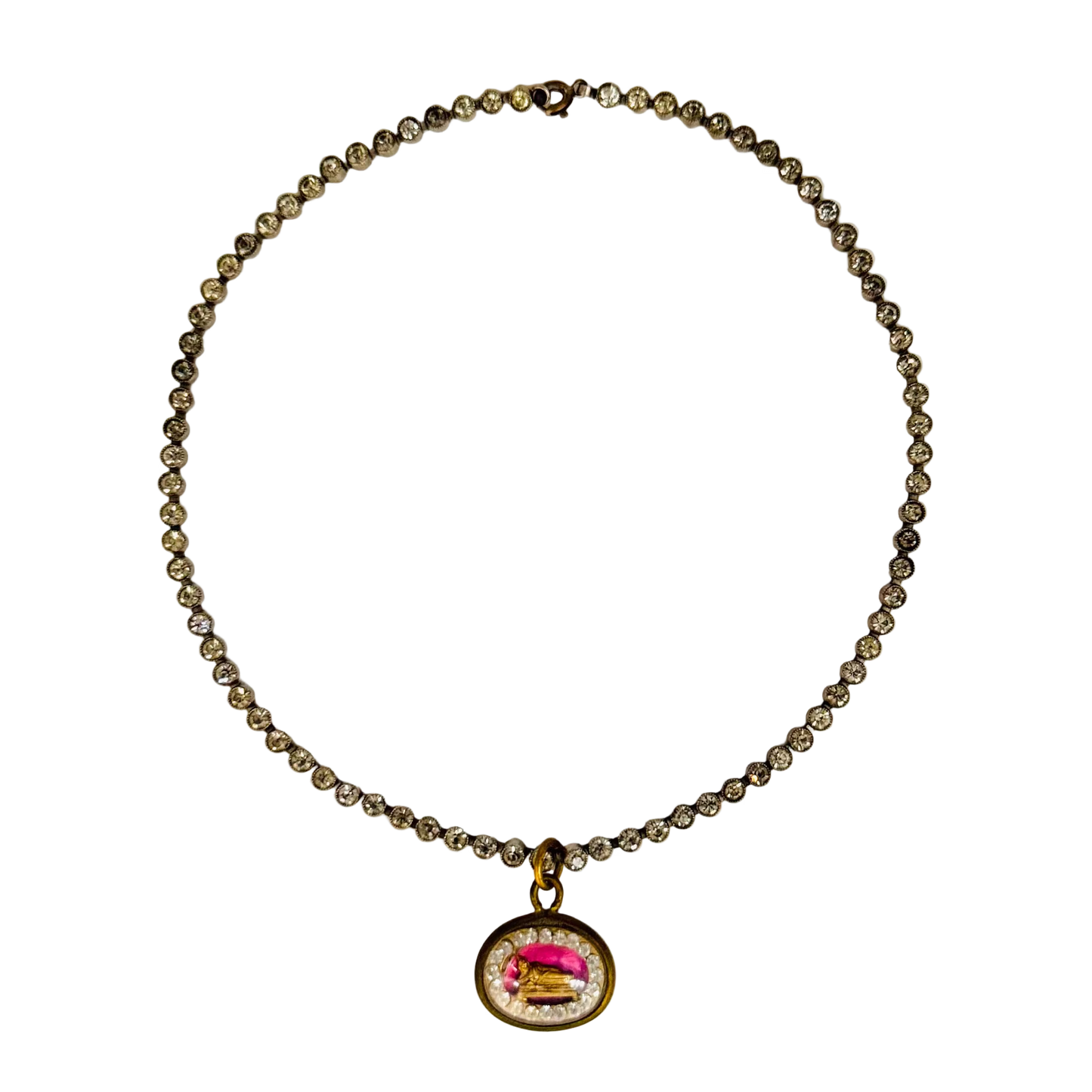 Vintage 1960s Diamanté Small Round-Set Necklace with Reclining Buddha Talisman