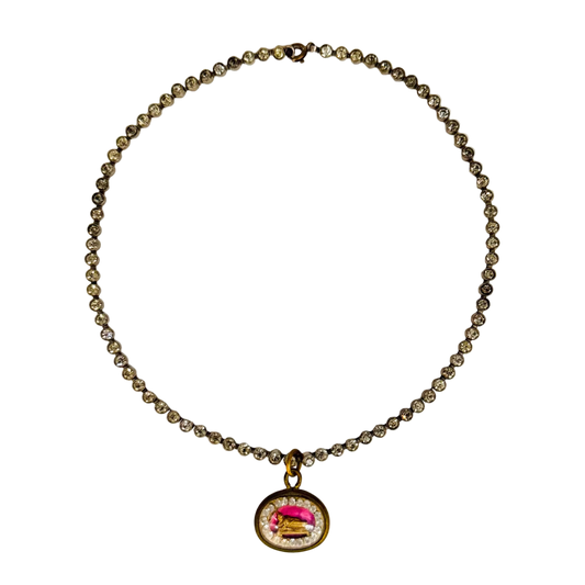 Vintage 1960s Diamanté Small Round-Set Necklace with Reclining Buddha Talisman
