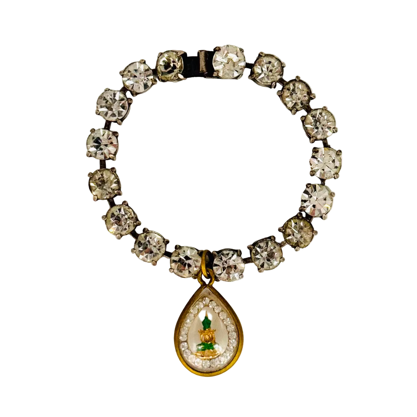 Vintage 1950s Diamanté Single-Row Bracelet with Buddha Talisman