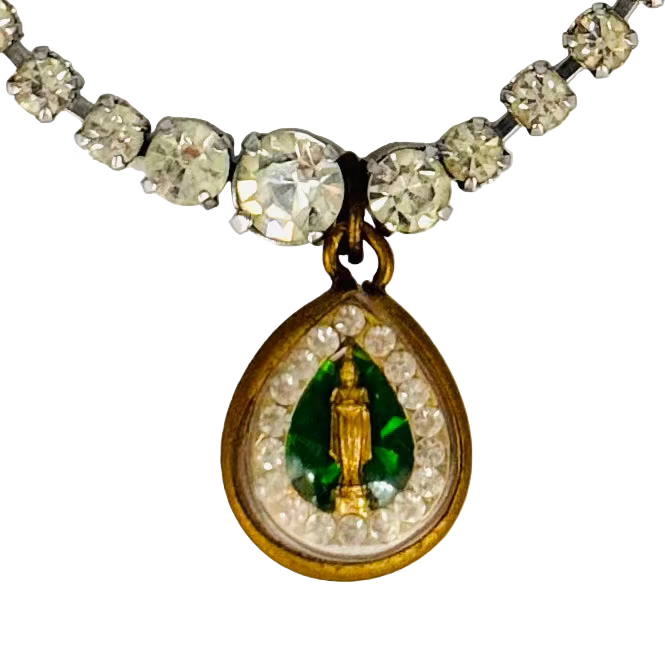 Vintage 1950s Diamanté Single-Row Bracelet with Green Buddha Talisman