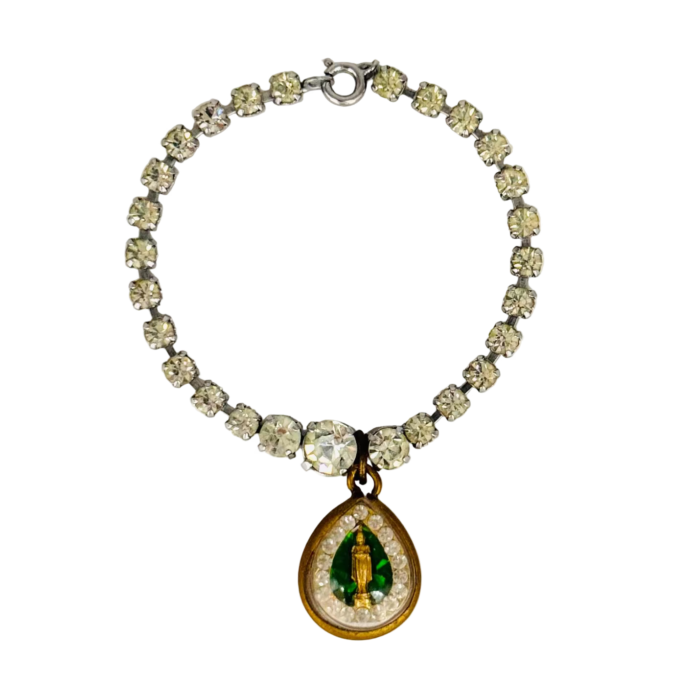 Vintage 1950s Diamanté Single-Row Bracelet with Green Buddha Talisman