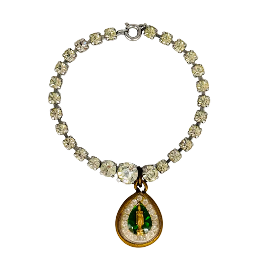 Vintage 1950s Diamanté Single-Row Bracelet with Green Buddha Talisman